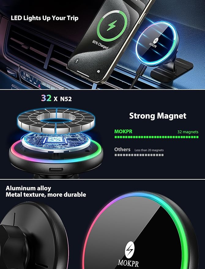 for Magsafe Car Mount Charger-15W Wireless Car Charger-Magnetic Car Phone Holder for Dash Air Vent-LED RGB HandsFree Car Mount Fast Car Charger for iPhone 14/13/12 Series