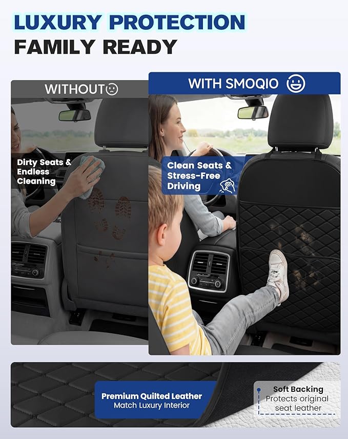 Seat Back Protectors for Kids, Car Kick Mats for Front Seats (Black) | With Large Pocket Organizer, Waterproof, Protects Against Dirt, Scuffs & Scratches, Fits Most Vehicles, 2PCS