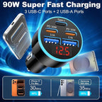 Car Charger USB C, 5-Port 90W Super Fast Car Phone Charger, Dual PD 30W & QC Type C Car Charger, Cigarette Lighter Adapter with Voltage Display for iPhone 17/16/15 Pro Max, iPad,Galaxy S25 S24,Pixel