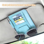 Car Sun Visor Organizer, PU Leather Vehicle Visor Document Storage Pocket for Sunglass Card Pen, Multifunctional Automotive Interior Holder Accessories, Universal Fit (Blue)