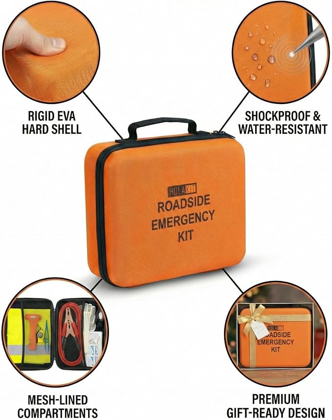 Car Emergency Kit – Roadside Safety Kit with Jumper Cables, LED Headlamp, First Aid, EVA Bag, Poncho, Safety Vest & More – Ideal for Cars, SUVs, Teen Drivers & Families