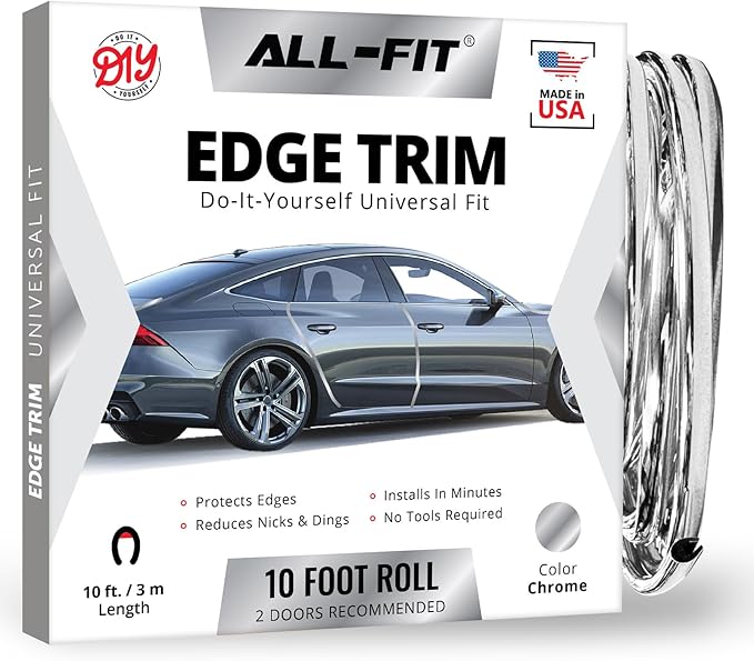 Car Door Edge Protector – Universal DIY Edge Trim to Prevent Scratches & Dings – Flexible Adhesive Molding Trim for Cars, Trucks & SUVs (10 Ft - Chrome)