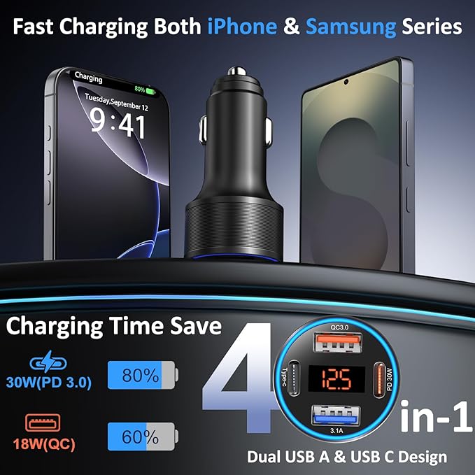 Car Charger USB C Fast Charge, 2 Pack 65W 4-Port Dual 12V USB-C & USB-A Car Phone Charger Super Fast Charging Cigarette Lighter Adapter for Samsung S26/S25/S24/S23, Pixel, Android +60W Type C Cable