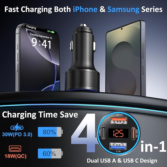 65W 4-Port Super Fast Type C Car Charger USB C for Samsung S26/S25/S24/S23/S22 Ultra/A17/A16/Z Fold/Flip Android Car Phone Adapter 12v Cigarette Lighter Plug with Voltage Display+6FT USB C Cable