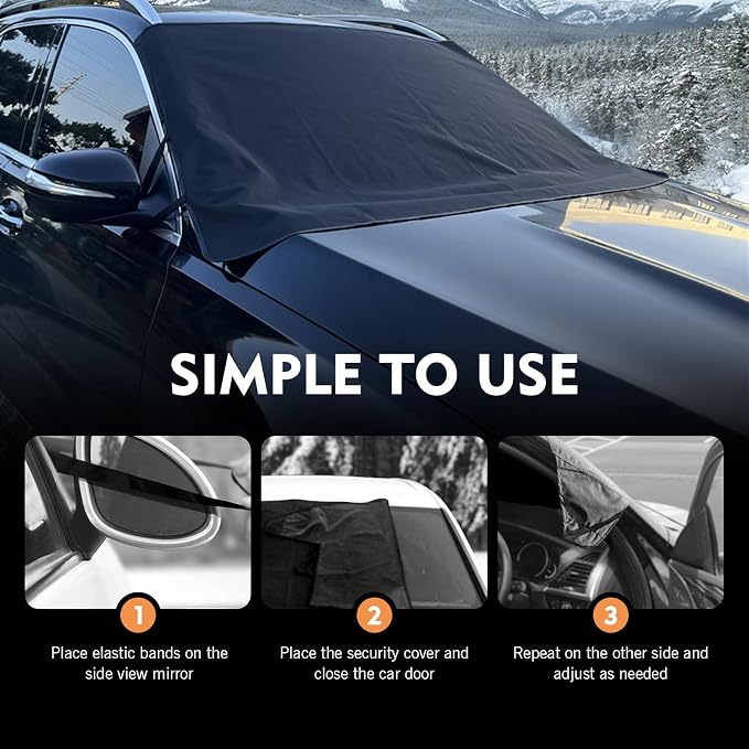 Windshield Cover for Ice and Snow, 75" x 47.25" Heavy Duty 600D Oxford Fabric Protector, Windproof Anti-theft Car Windshield Cover, Universal for Cars SUVs Trucks (Black)