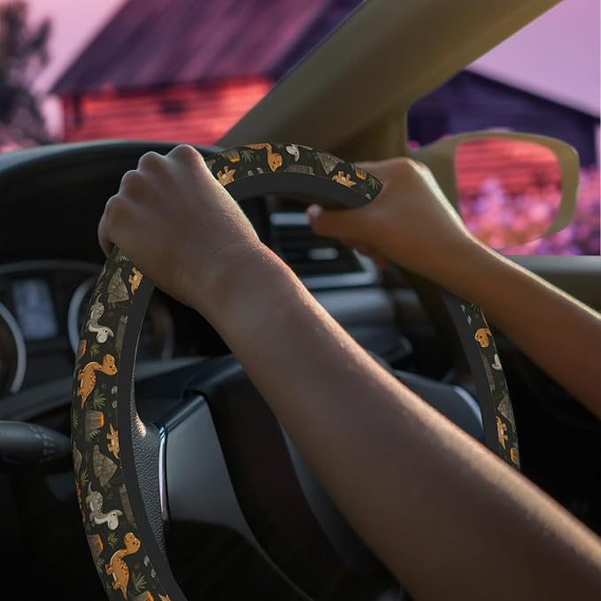Cartoon Dinosaur Volcano Steering Wheel Cover for Women Men Neoprene Breathable Wheel Cover Protector Anti-Slip Car Accessories Universal 15 Inch Fit for Cars Trucks Vehicles