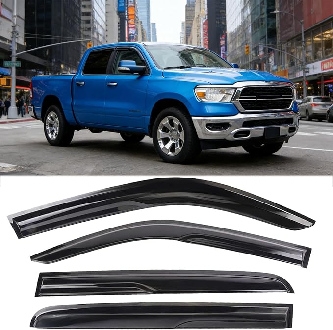 Window Visors Rain Guards for 2019-2026 Ram 1500 Crew Cab, Tape-on/Outside-Mount Window Wind Deflectors Vent Visors Shade for 19-26 Ram 1500 Crew Cab,4PCS, UV Resistant & Reduce Wind Noise