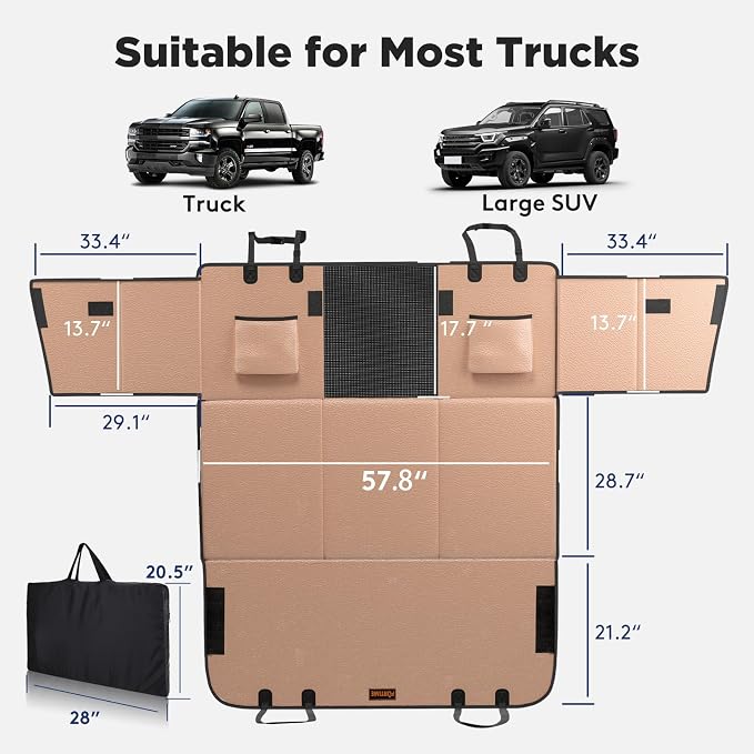 XL Back Seat Extender for Dogs, Hard Bottom Dog Car Seat Cover for Truck Back Seat, Upgraded PU Leather Waterproof Anti-Scratch, Large Space Back Seat Cover for Full Size Truck SUV, Brown