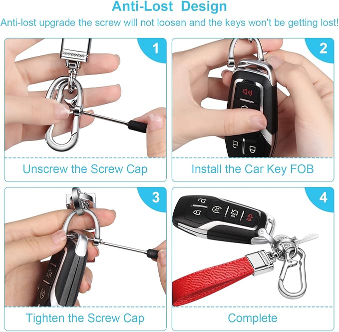 Genuine Leather Car Keychain,Universal Heavy Duty Metal Key Chain Accessories,Car Fob Key Keychain Holder with 360 Degree Rotatable Snap Swivel and Anti-Lost D-Ring for Men Women（Red）