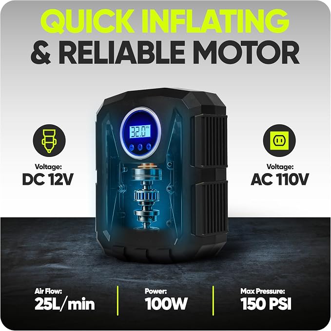 Tire Inflator Portable Air Compressor, Air Pump for Car Tires and Bikes, Car Tire Pump w/Auto Shut Off, 150 PSI, 110V AC 12V DC, LED Light, Carrying Case, Perfect For Men, Women