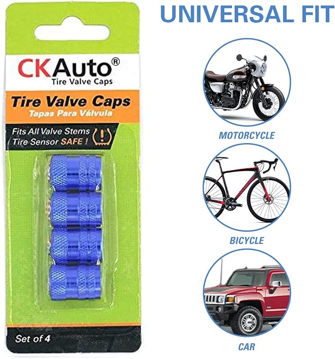 Tire Valve Stem Caps, Anodized Aluminum Tire Valve Cap Set | Corrosion Resistant, Universal Stem Covers for Cars Trucks Motorcycles SUVs and Bikes (Blue-US)