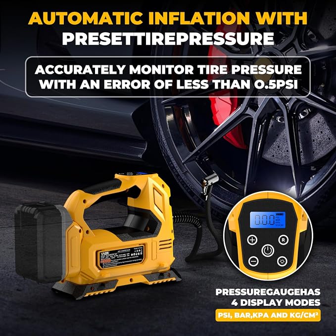 Cordless Tire Inflator Air Compressor Compatible with Dewalt 20V Battery,160PSI Portable LED Light Handheld Pump with Digital Pressure Gauge Cars Motorcycles Bikes Balls(Battery Not Included)