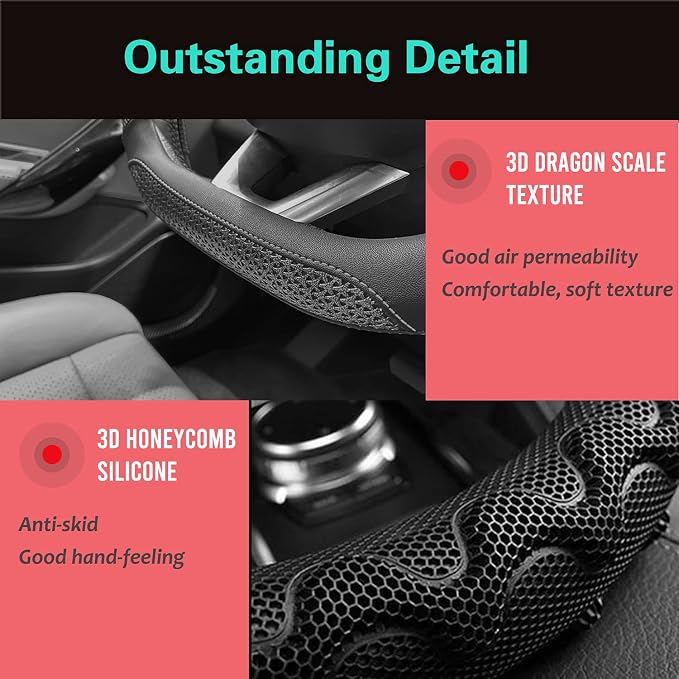 D Shaped 14 Inch Small Sized Steering Wheel Cover Great Grip with 3D Honeycomb Anti-Slip Design, Flat Bottom 14 Inch (All Black)