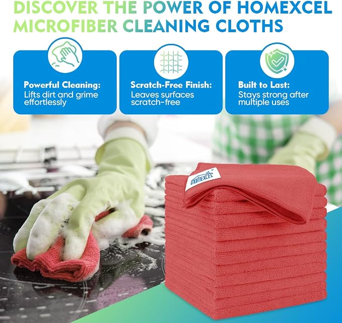 Red Microfiber Cleaning Cloth 12 Pack, 12.5 x 12.5 inch Microfiber Towels for Cars, Ultra Absorbent Car Washing Cloth, Lint Free Streak Free Cleaning Rags for Car, Kitchen, and Window