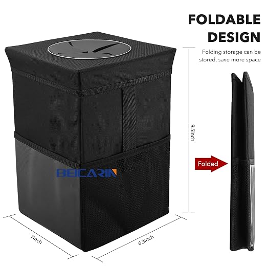 Car Trash Can with Lid - Car Trash Bag Hanging with Storage Pockets Collapsible and Portable Car Garbage Bin, Leak-Proof Car Organizer, 1.82 Gallons Multipurpose Trash Bin for Car