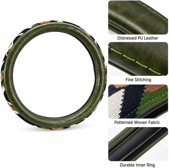 Universal 15inch Ethnic Style Baja Blanket Steering Wheel Cover with Coarse Flax Cloth and Sweat Absorption Anti Slip Car Wrap (Boho Green Leather 2)