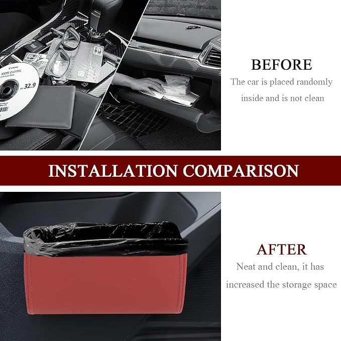 Car Trash Can, Leather Waterproof Automotive Garbage Can with Trash Bag, Hanging Mini Vehicle Trash Bin, Small Auto Door Organizer Storage Pouch, Universal Car Accessories (Wine Red)