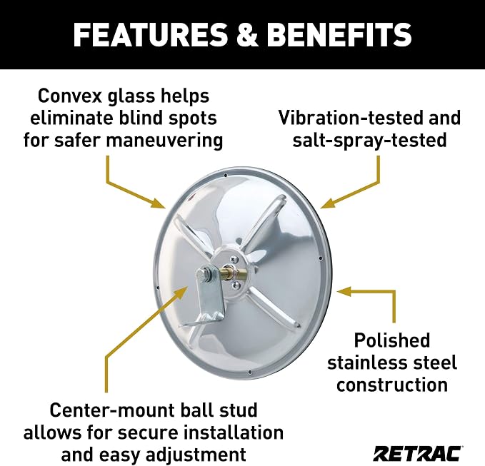 610673 8-Inch Stainless Steel Center-Mount Convex Mirror Head with J-Bracket, Universal Driver or Passenger Side