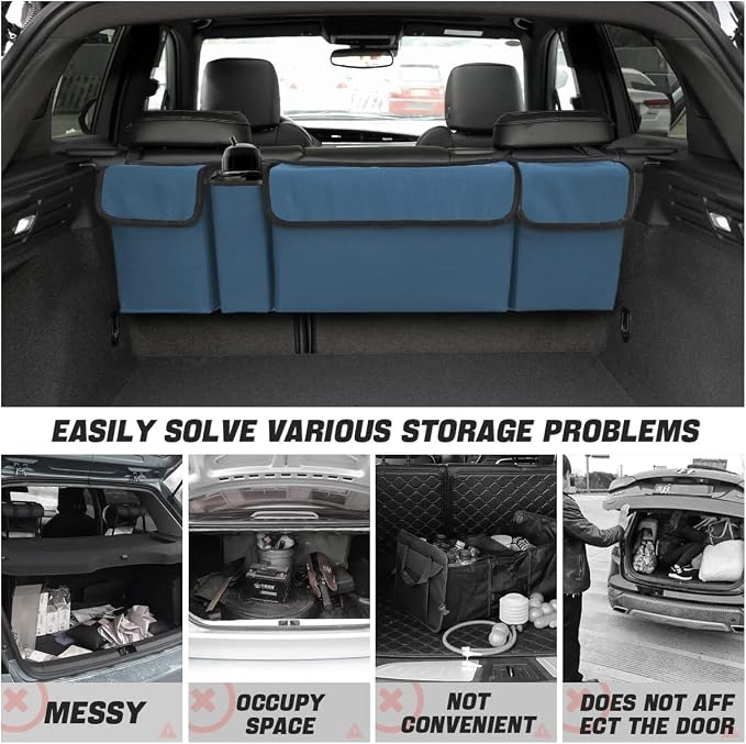 Car Trunk Organizer, Backseat Hanging Large Storage with Adjustable Straps, Waterproof Collapsible Cargo Bag with 4 Pockets, Sturdy Space Saver Frees Trunk Floor for SUV, Truck, MPV