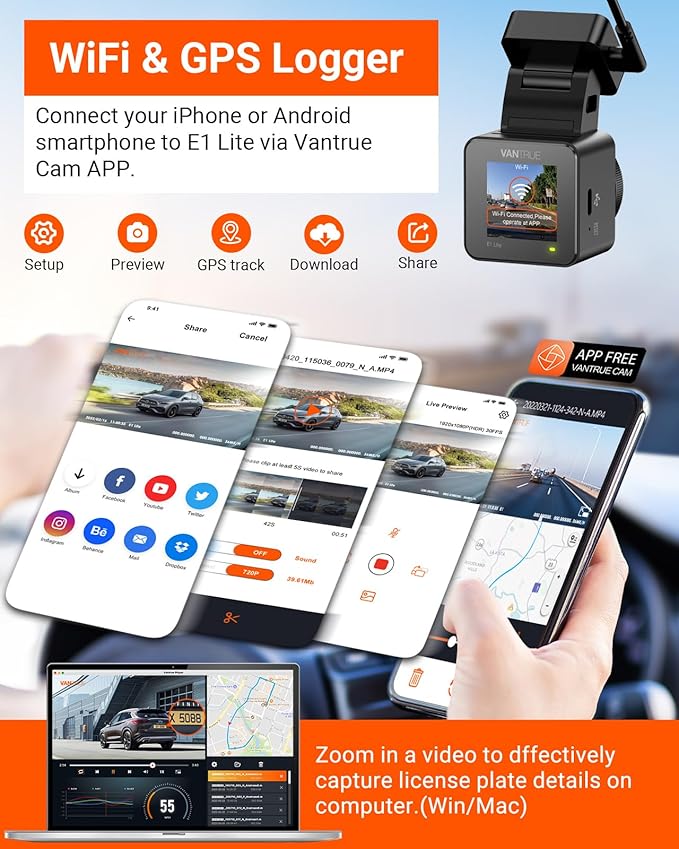 E1 Lite 1080P Dash Cam, Mini Car Camera with Night Vision, 60fps Dash Cam with GPS and Speed, Wi-Fi APP Control, Loop Recording, Voice Control, 24H Parking Mode, Support 512GB