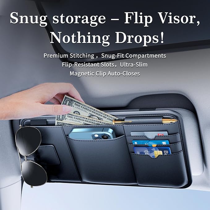 Car Visor Organizer, Premium Leather Sunglasses & Card Holder for Cars, Registration/Insurance Slot, Credit Card Pockets, Organizer for Car Sun Visor (Black Leather)
