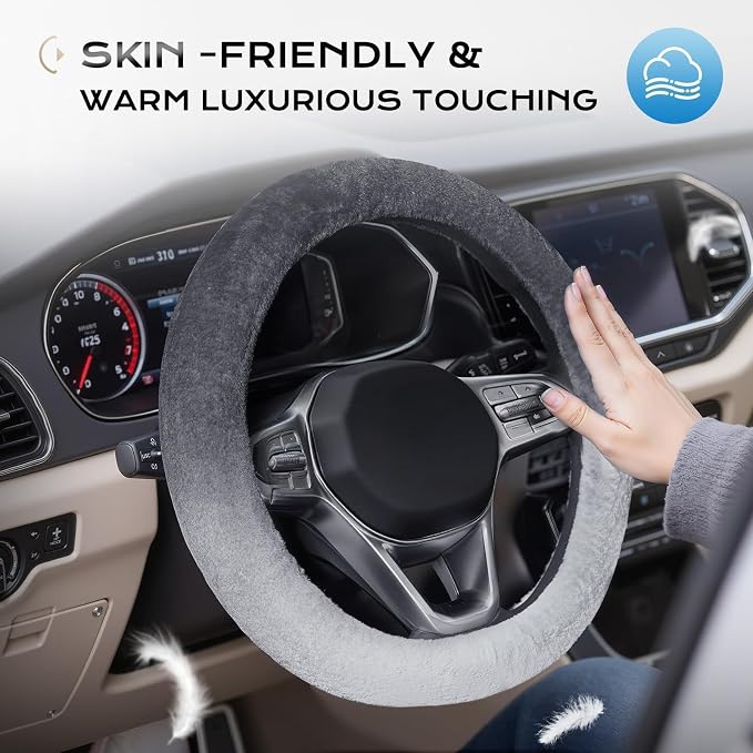 Coverado Winter Fluffy Steering Wheel Cover, Upgraded Anti-Slip Fuzzy Furry Car Steering Wheel Cover, Universal 14-15 inch, Soft Plush, Warm, No Odor, Luxurious Decoration for Women Men, Gradient Gray