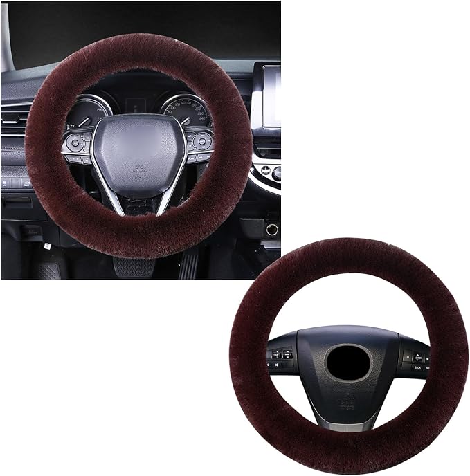Fuzzy Steering Wheel Cover, 15 inch Soft Wool Fur Steering Wheel Protector, Fluffy Wheel Covers for Winter Warm, Car Interior Decoration Accessories for Women Men (Coffee)
