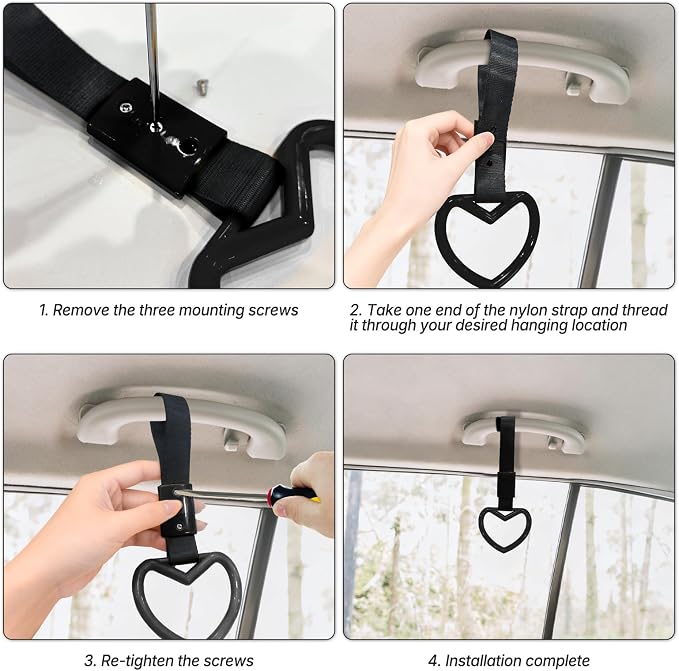 2 Pcs Heart Shaped Car Handle Strap – Drift Charm Rear Bumper Warning Ring Decor for Car Interior Exterior, Subway Bus Handle Accessory, Cute Heart Car Decor Gift for Women & Men (Black)