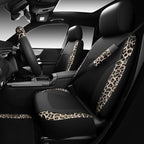 Leopard Print Faux Leather Car Seat Covers & Leopard Car Mats&Leopard Steering Wheel Cover Seat Belt Universal Car Accessories for SUV,Van,Saden,Truck Automobile Interior Sets(Gold Black)