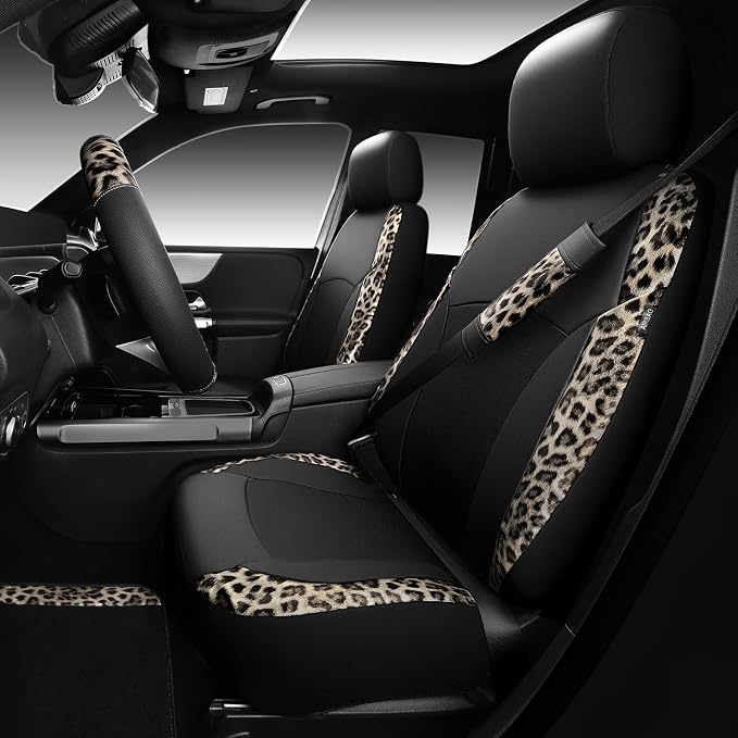 Leopard Print Faux Leather Car Seat Covers & Leopard Car Mats&Leopard Steering Wheel Cover Seat Belt Universal Car Accessories for SUV,Van,Saden,Truck Automobile Interior Sets(Gold Black)