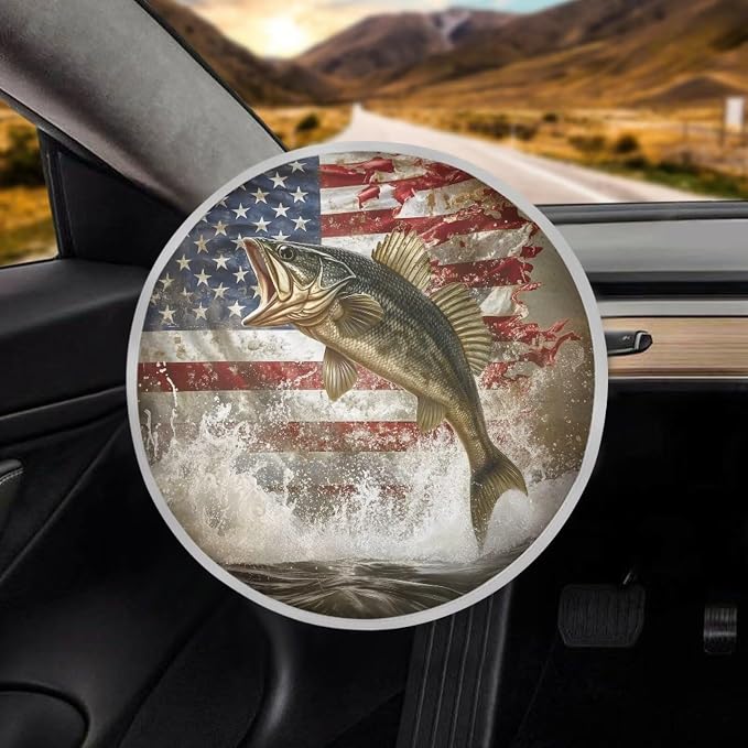 American Flag Bass Fishing Steering Wheel Cover Sun Shade Auto Interior Protector Car Steering Wheel Cover,Heat Reflector Fit Most Jumbo Standard Car