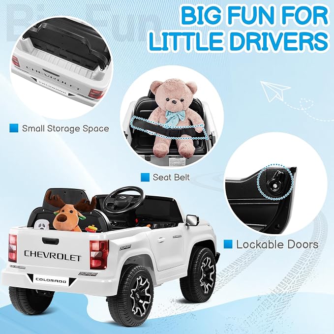Licensed Chevrolet Colorado Electric Car for Kids, 12V Ride on Toys for Toddlers with Remote Control, Battery Powered Electric Car Ride On Vehicle w/Bluetooth, Soft Start, LED Lights - White