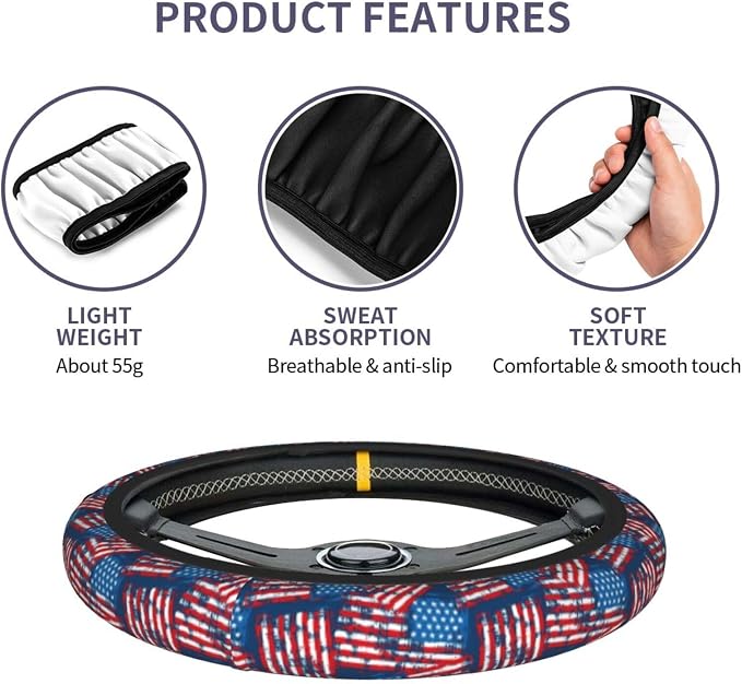 Blue American Flag Patriotism Steering Wheel Cover Car Accessories Cute for Women Girls Girly Universal 15 Inch Neoprene Auto Interior Decor Anti Slip Car Truck Protector