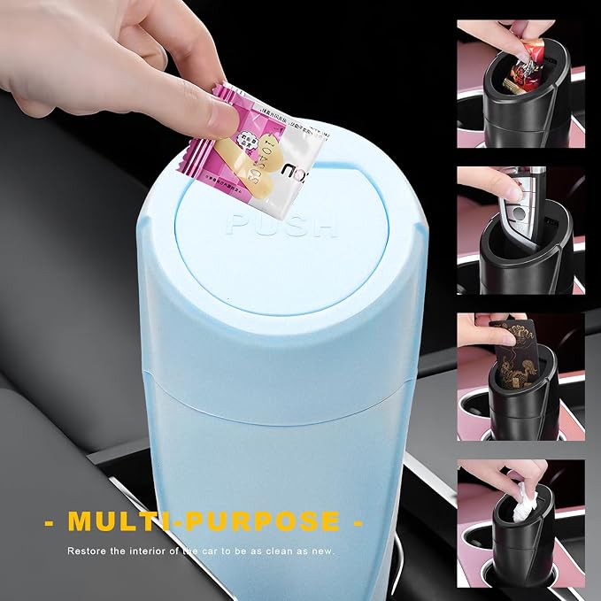 Car Trash Can Bin with Lid, Leakproof Portable Garbage Trash Bin Mini Cup Holder Organizer, Automotive Interior Dustbin Multipurpose Storage Container for Car Home Office (Light Blue)