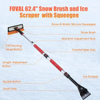 62.4" Extendable Ice Scraper Snow Brush with Squeegee for Windshield Window Car Trucks SUVs, 270° Pivoting Brush Head, Essential Winter Tool Ice Snow Remover with Comfortable Foam Grip