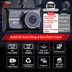 Dash Cam Front and Rear, 4K+1080P Dual Dash Camera for Cars, Free 64GB Card (256GB Max), 5.8GHz WiFi Up to 20MB/s, WDR Night Vision, 3" IPS, G-Sensor, Loop Recording, 24H Parking Mode