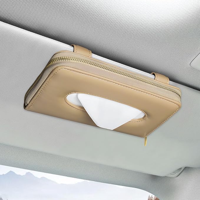 Car Tissue Box, Leather Auto Sun Visor Napkin Case Tissue Case Holder with Zipper, Sunvisor Paper Towel Storage Box Napkin Organizer for Most Vehicles, Car Accessories (Beige)