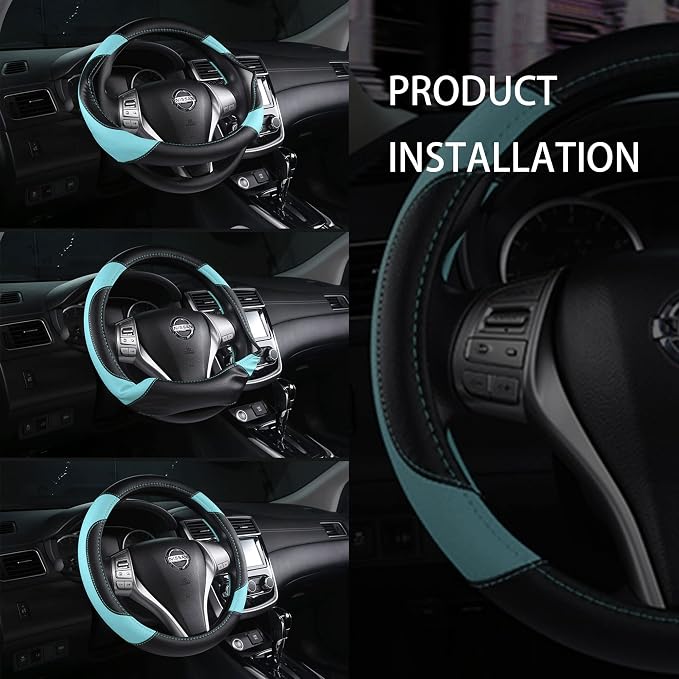 Leather Car Steering Wheel Cover, Non-Slip Car Wheel Cover Protector Breathable Microfiber Leather Universal Fit for Most Cars (Blue)