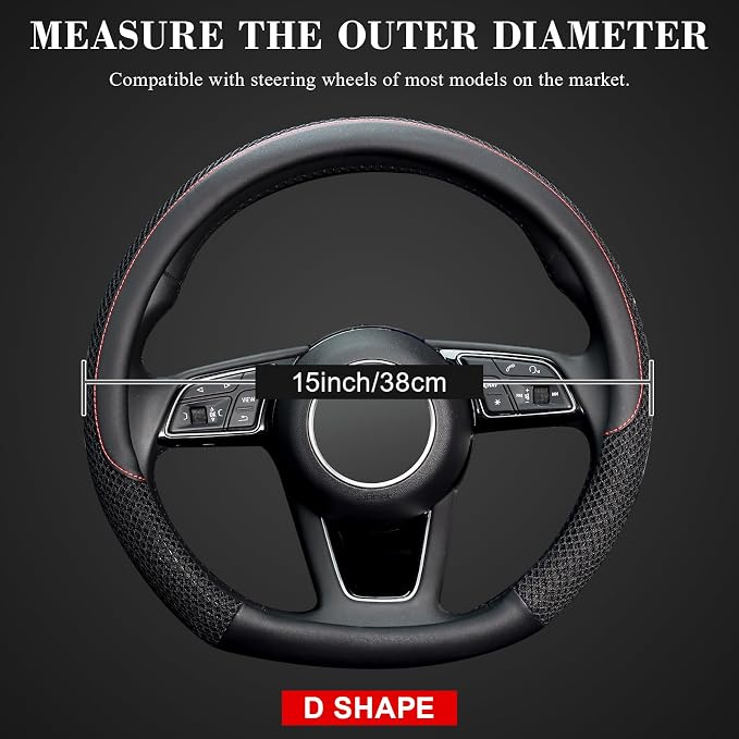 D Shape Steering Wheel Cover, Universal 15 inch, Microfiber Leather Viscose, Breathable, Anti-Slip,Warm in Winter and Cool in Summer, Black