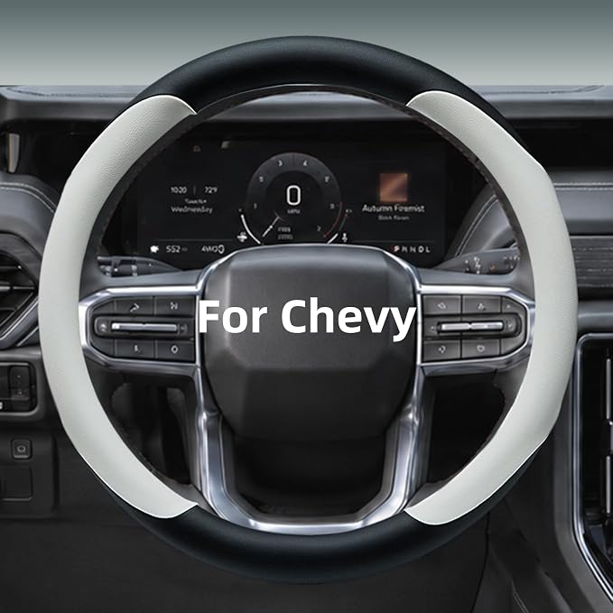 Leather Steering Wheel Cover for Chevy Silverado 1500 2500 3500, 14.5-15 inches Car Steering Wheel Cover with Non-Slip Breathable (White)