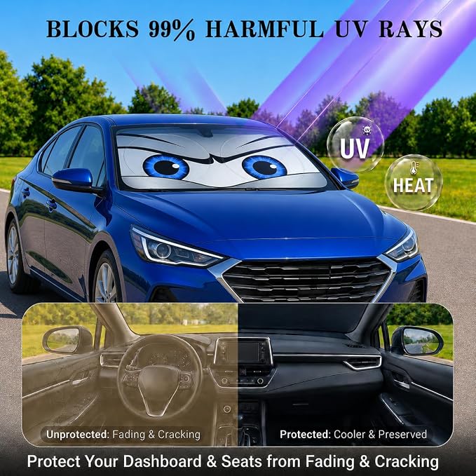 Car Windshield Sun Shade, Universal Fit Compact Sedan SUV, Sport Silver | 59 x 27.5" Car Sun Visor, Foldable Front Window Sunshade, UV Heat Protection, Cute Eyes Series