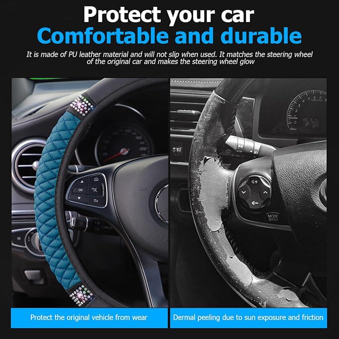 Bling Car Steering Wheel Cover, 15 Inch Rhinestones Soft Leather Elastic Steering Wheel Protector, Sparkly Crystal Diamond for Women Girls (Black Green)