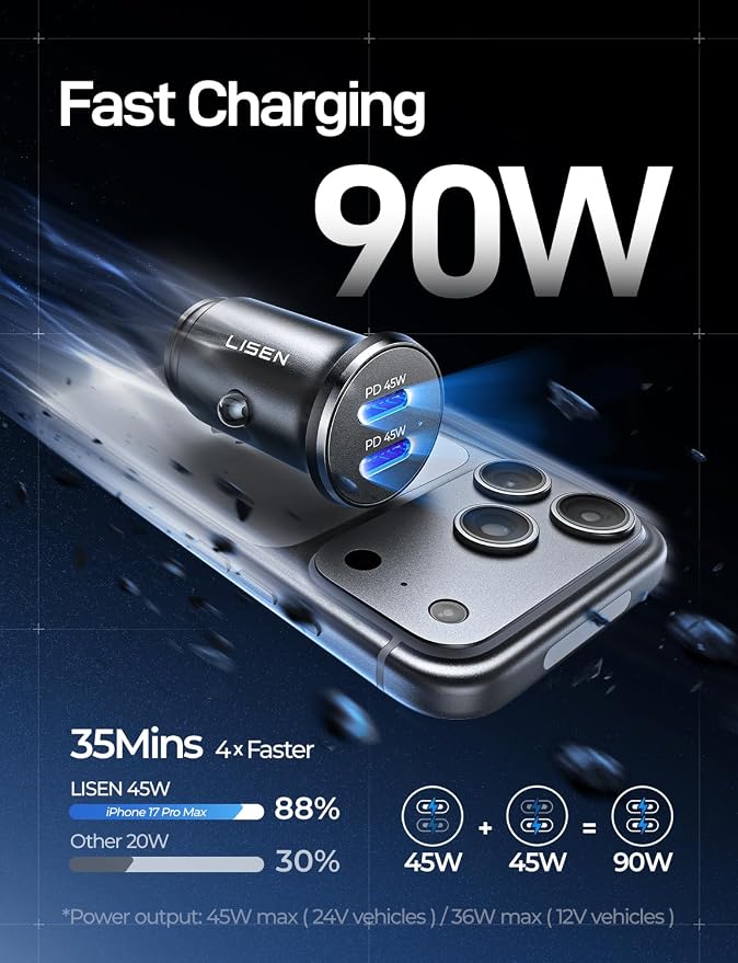 90W USB C Car Charger USB C Fast Charge, 45W PD&QC 3.0 Fast Car Charger for iPhone 17 Pro Max 16 15 Pro, Cigarette Lighter USB Charger Adapter for Samsung S26 S25, Android [Metal&Mini] Sockets