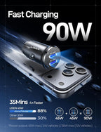 90W USB C Car Charger USB C Fast Charge, 45W PD&QC 3.0 Fast Car Charger for iPhone 17 Pro Max 16 15 Pro, Cigarette Lighter USB Charger Adapter for Samsung S26 S25, Android [Metal&Mini] Sockets