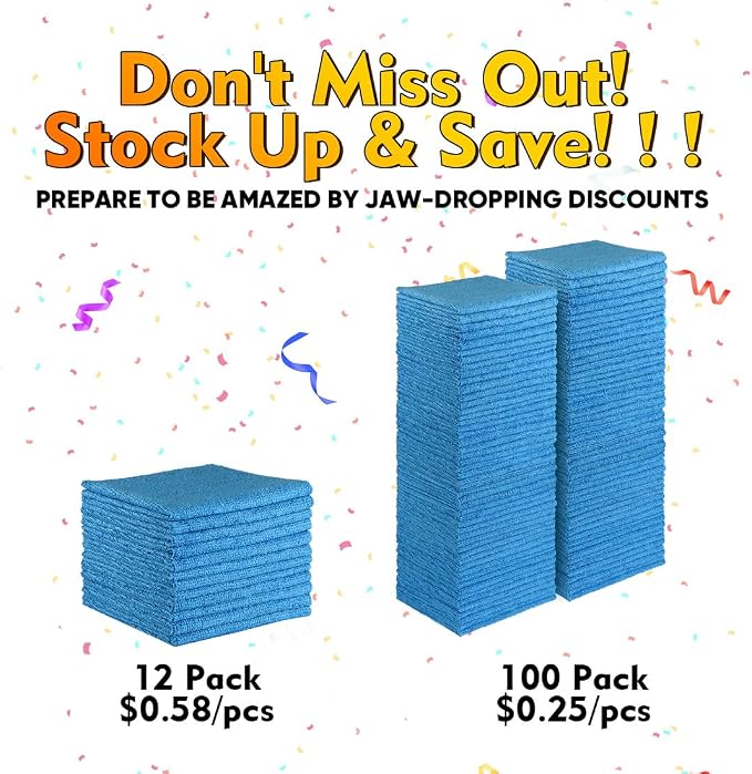 Blue Microfiber Cleaning Cloths 100 Pack, Reusable Cleaning Rags Shop Towels - Bulk Multipurpose Microfiber Towels, Lint Free Cleaning Towels for Car, House & Kitchen, 11.5 x 11.5 inch