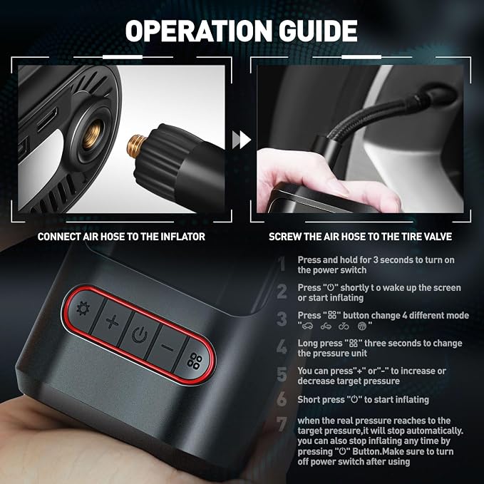 Tire Inflator Portable Air Compressor, 150PSI Cordless Air Pump for Car, Bike, Motorcycle, Ball, Electric Bike Tire Pump with Pressure Gauge, LED Light, Red, TOOLS-00678-RD