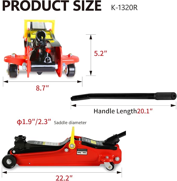 5 Piece Car Truck Floor Jack Service with Jack Stands Tire Repair Kit for Garages, Automotive,Repair Shops and DIY, 2 Ton 4,000 lbs, Lifting Range 3.3" - 15.2", Heavy Duty Steel, Red