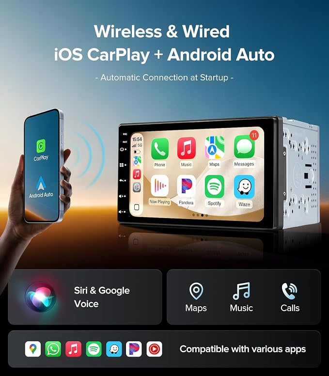 7 Inch Android 13 Double Din Car Stereo | Wireless CarPlay Android auto Mirror Link,Bluetooth,GPS,WIF, Android 13,FM/AM Tuners,Include 1080P Cam,Retain OEM SWC+Cam