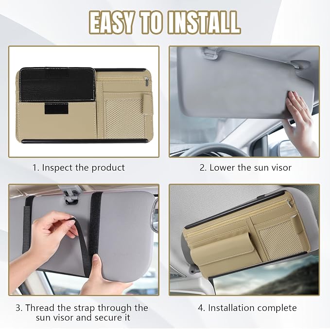 Car Visor Organizer, Leather Multi-Pocket Auto Sun Visor Storage Pouch with Sunglasses Holder, Card Holder, Zipper Pocket, Net Pocket, Pen Slot, Universal Interior Car Accessories (Beige)