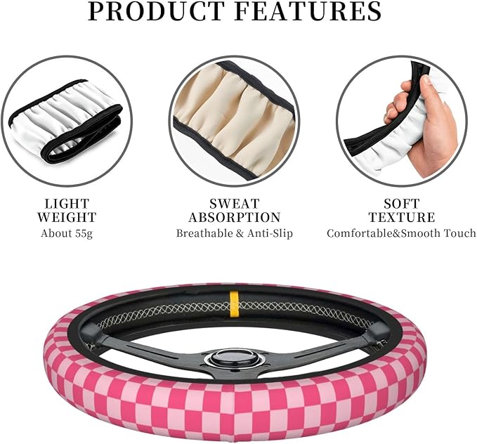 Hot Pink Checkered Steering Wheel Cover for Women, Steering Wheel Covers with Anti-Slip Lining, Universal 14.5-15 inchs Car Interior Accessories with 2PCS Car Coasters Suitable for Men and Women